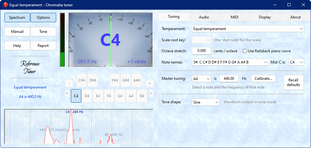 Screenshot with the spectrum display and options tabs